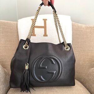 Authentic Gucci Soho shoulder bag tote black leather gold chains GG